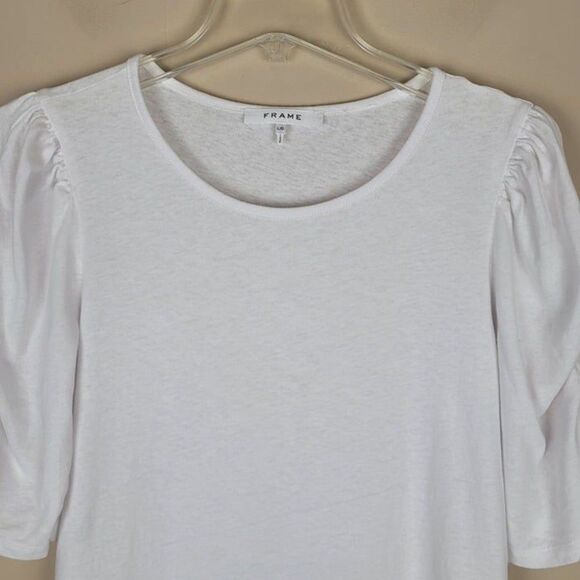 Frame Size L Ruched Sleeve Top Half Sleeve Cotton Blanc White - Picture 4 of 12